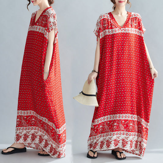 Ethnic Travel Vacation Style Cotton Silk Positioning Printed V-neck Robe