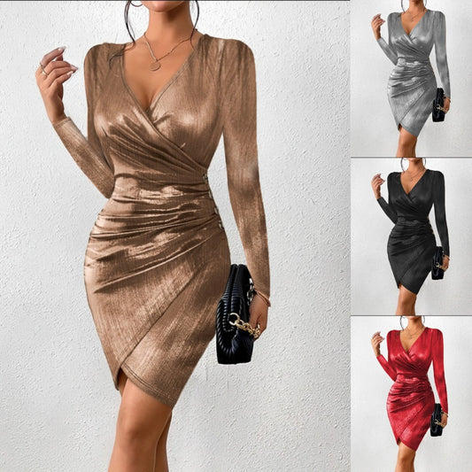 Hip-wrapped Fashion V-neck Slit Solid Color Dress Women