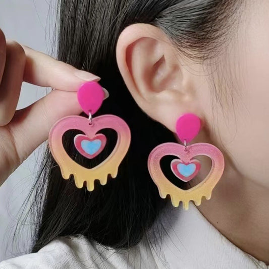 Acrylic Stitching Fashion Peach Heart Rainbow Earrings